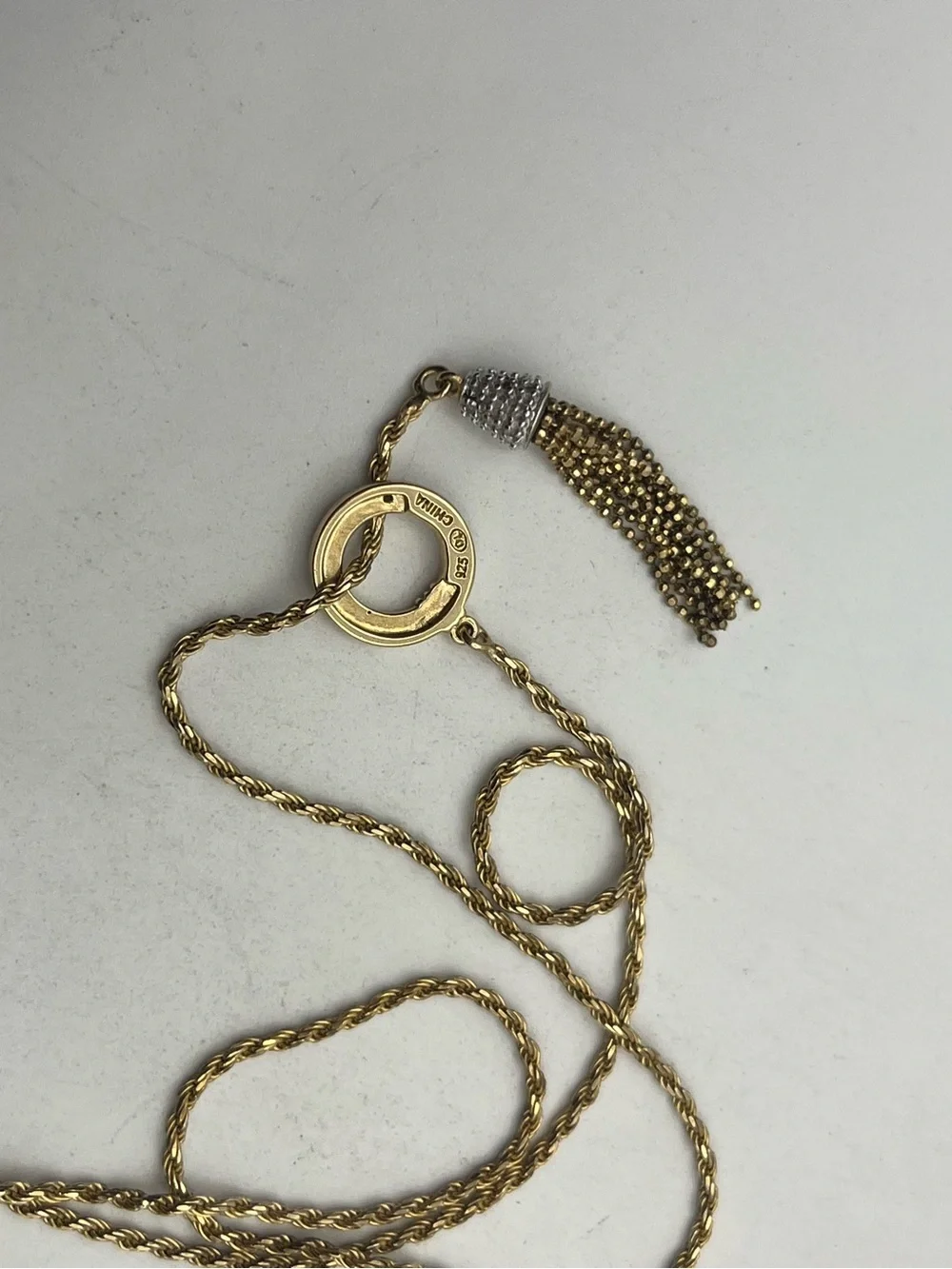 Lariat tassel necklace gold over sterling silver CZ chain